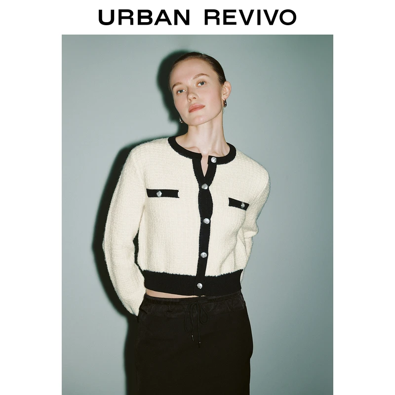 UR2024秋冬新款女法式小香撞色金属扣圆领针织开衫UWG930074