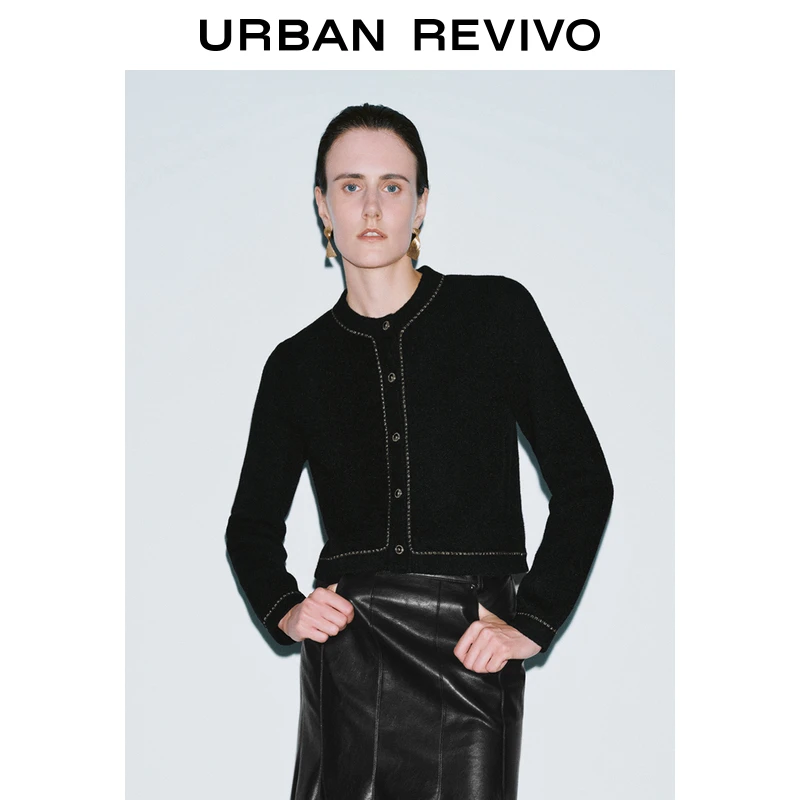 UR秋冬季新款女装法式气质金属扣圆领针织开衫UWG930147