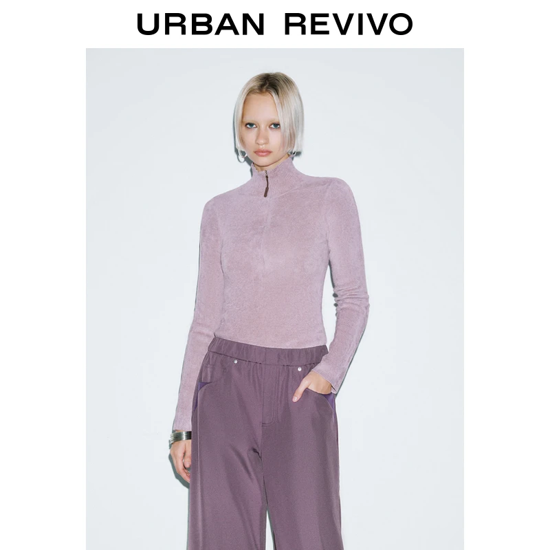 UR2024冬季新款女装潮流轻绒感拉链立领修身针织衫UYV940045