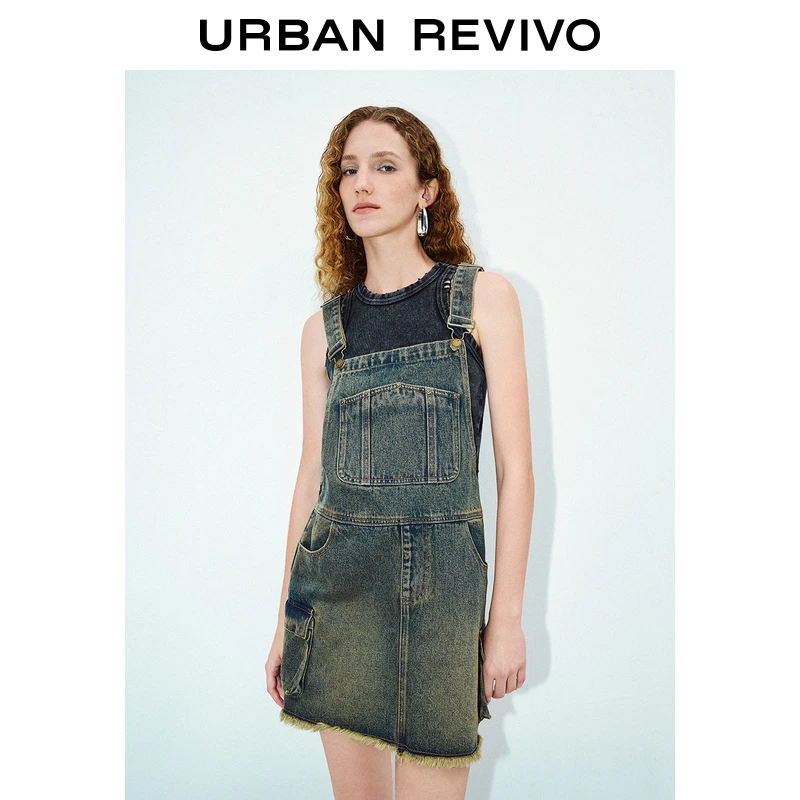 UR女装美式复古休闲短款牛仔背带裙UWV840224