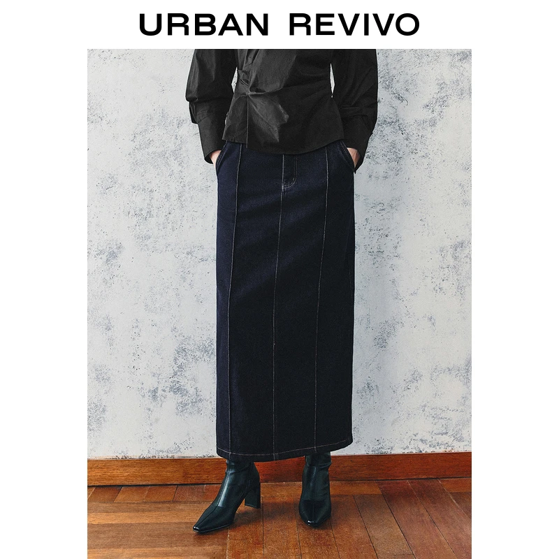 UR女装复古休闲时髦后开衩牛仔半裙UWG840270