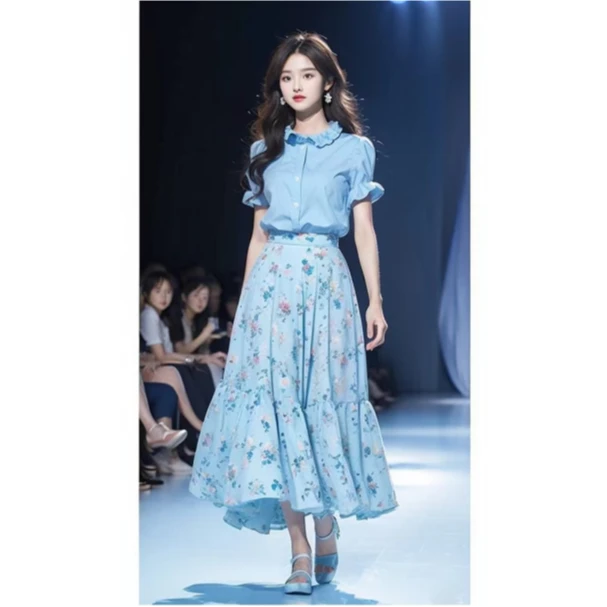 （7125）一整套高级感蓝色衬衫套装裙女2024新款夏季今年流行漂亮