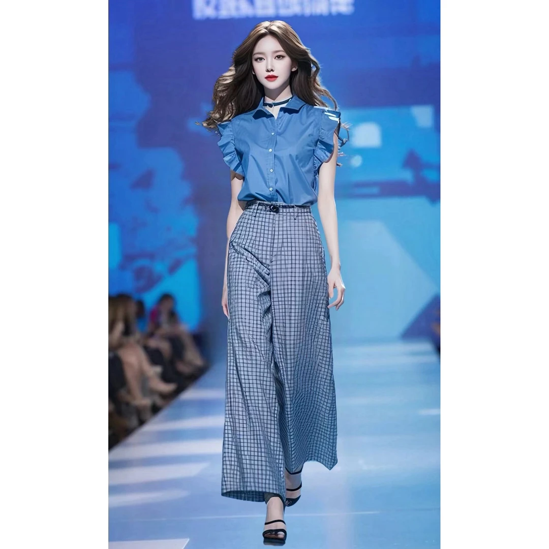 （7109）穿搭蓝色飞飞袖衬衫套装裤今年流行的网红2025炸街减龄时尚