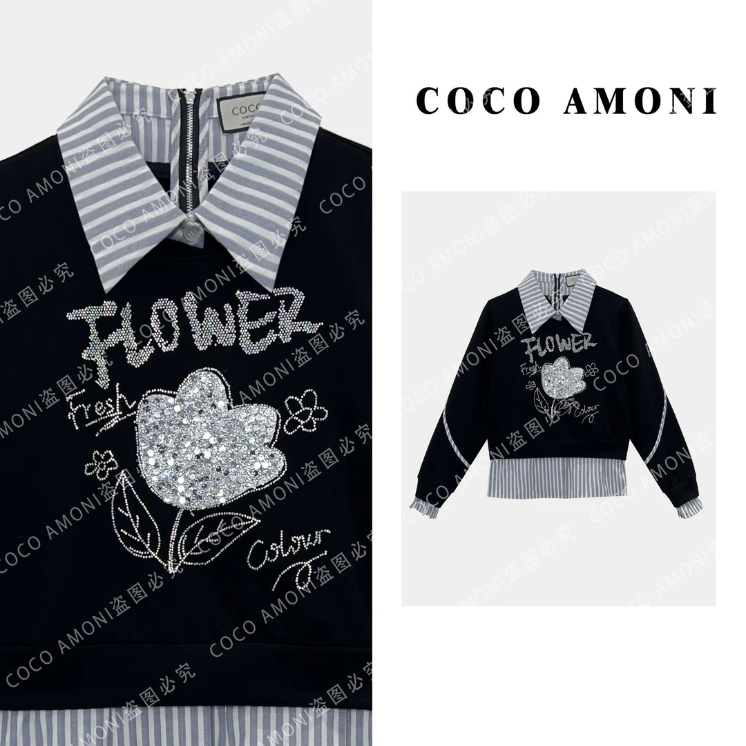 秋冬新款高级感假两件拼接重磅亮钻花朵显瘦减龄长袖卫衣ZQ658