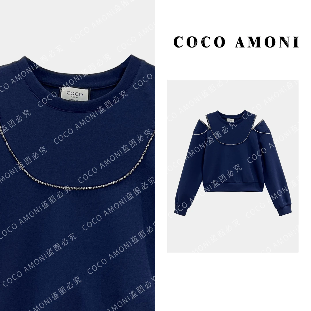 【曼姐专属】高级感上衣拼接露肩可拉链显瘦百搭长袖卫衣AB815