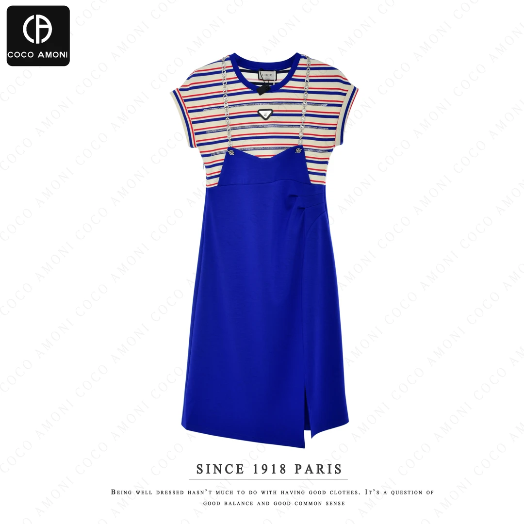 COCO AmoniQ高级感显瘦三角标烫钻红蓝白条纹背带连衣裙女裙AB111