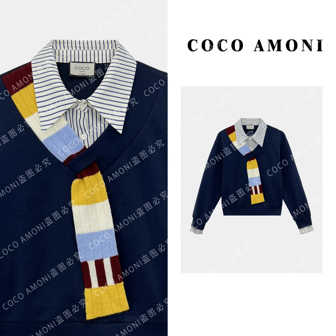 秋冬定制高级感假两件拼接单边领巾显瘦百搭气质长袖卫衣AB849