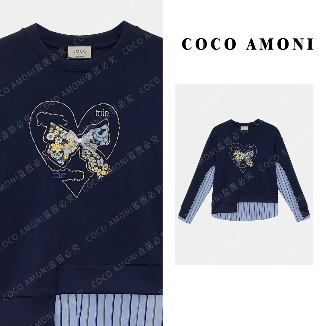 时尚烫钻爱心设计感拼接不规则小众显瘦气质百搭长袖卫衣ZQ265