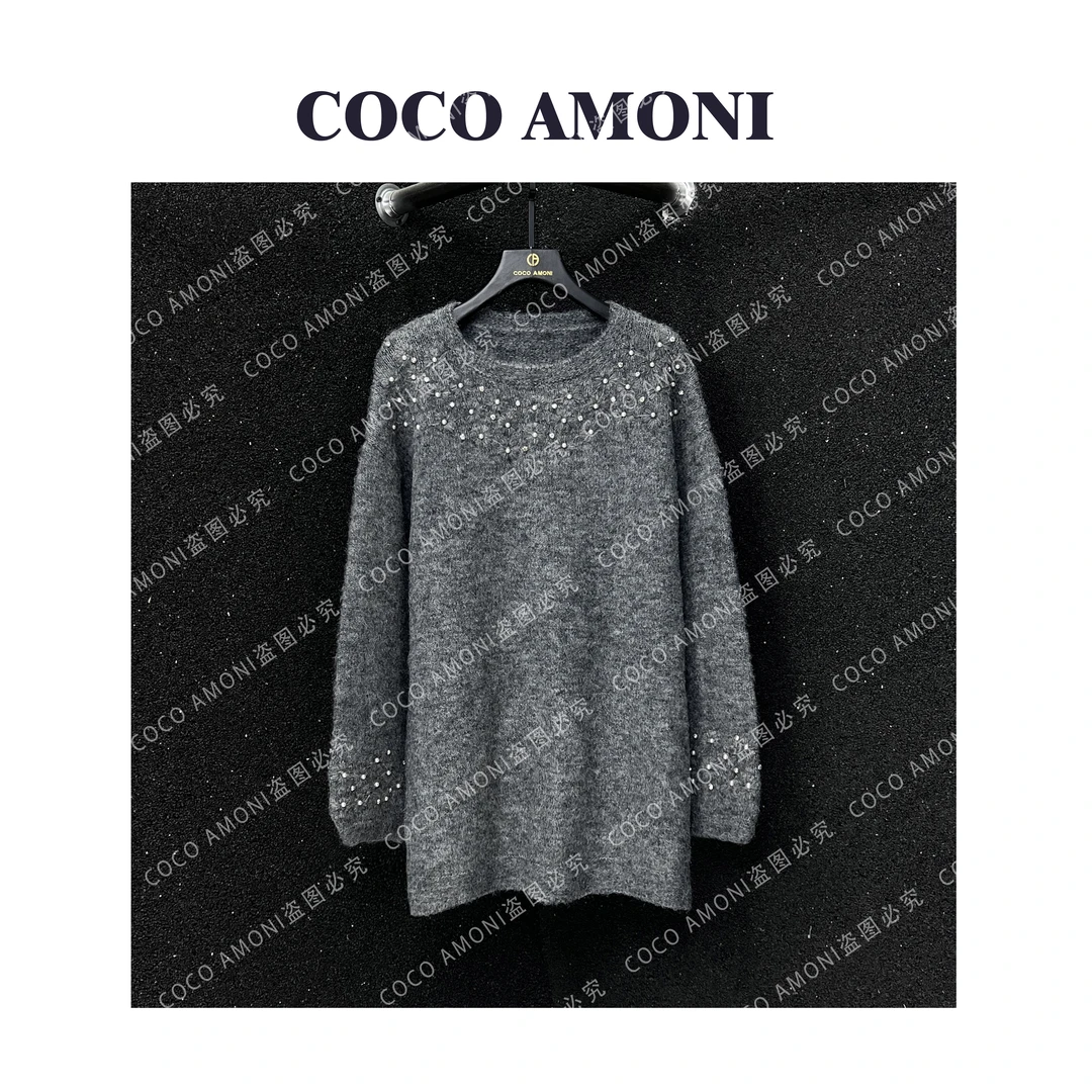 秋冬新款设计高级感针织衫女装拼接重工钉珠显瘦长袖毛衣JY383