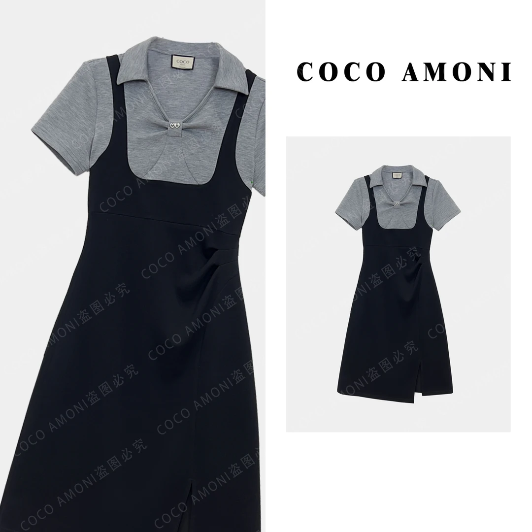 COCO Amoni休闲减龄撞色拼接捏褶收腰下摆开叉显瘦连衣裙AB593