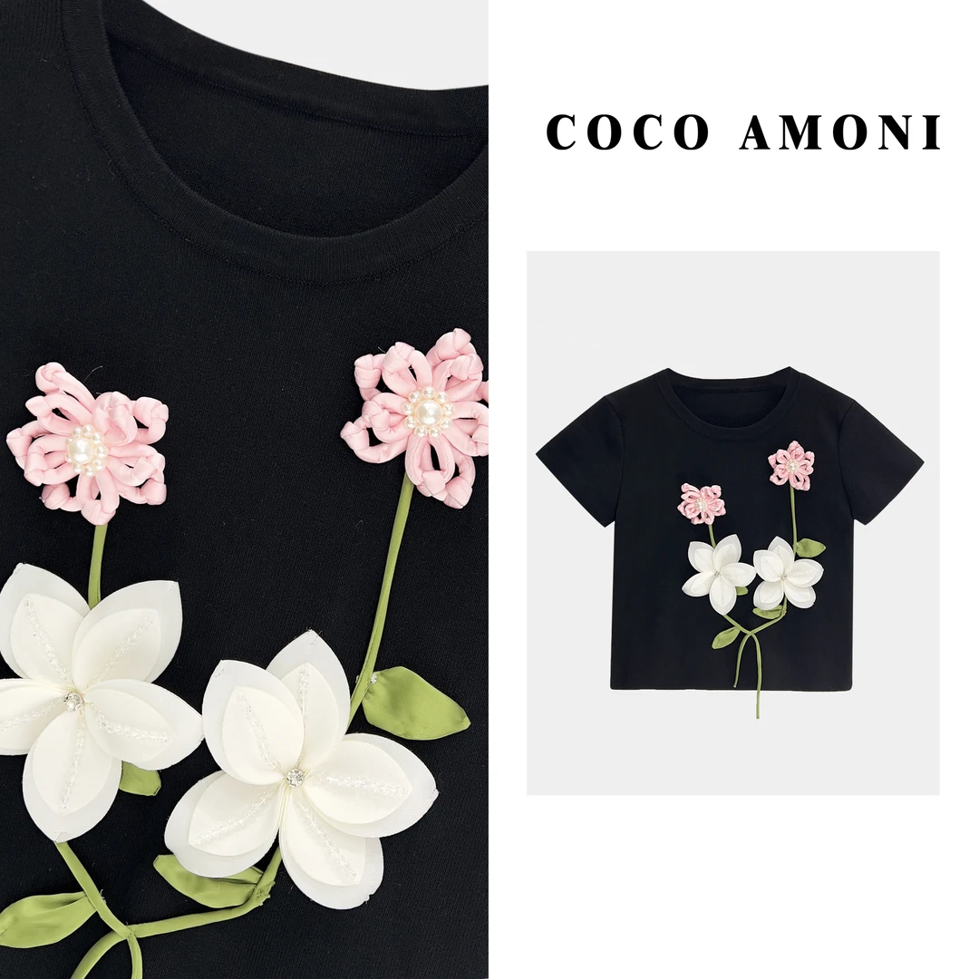COCO Amoni潮流重工时尚贴布花卉显瘦气质上衣短袖T恤女JY008