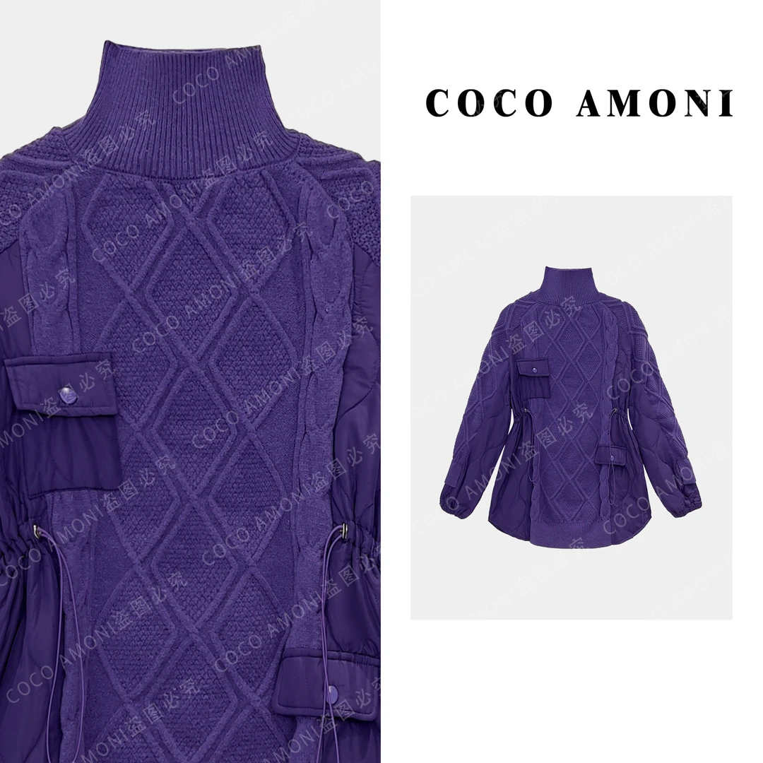 小众设计编织保暖长袖毛衣拼接口袋款带抽绳收腰显瘦针织衫JY339