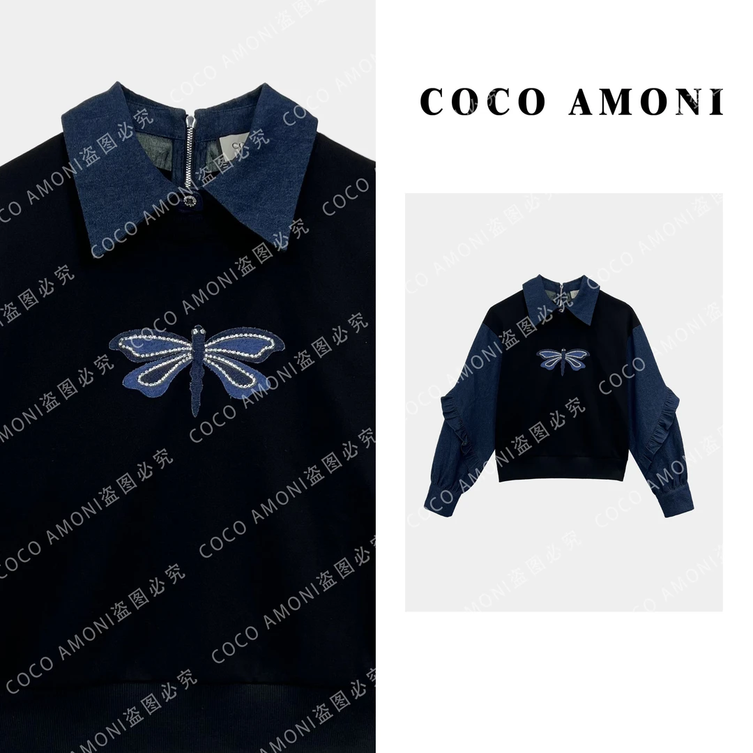 新款时尚休闲假两件拼接烫钻重工蜻蜓显瘦百搭长袖卫衣AB968