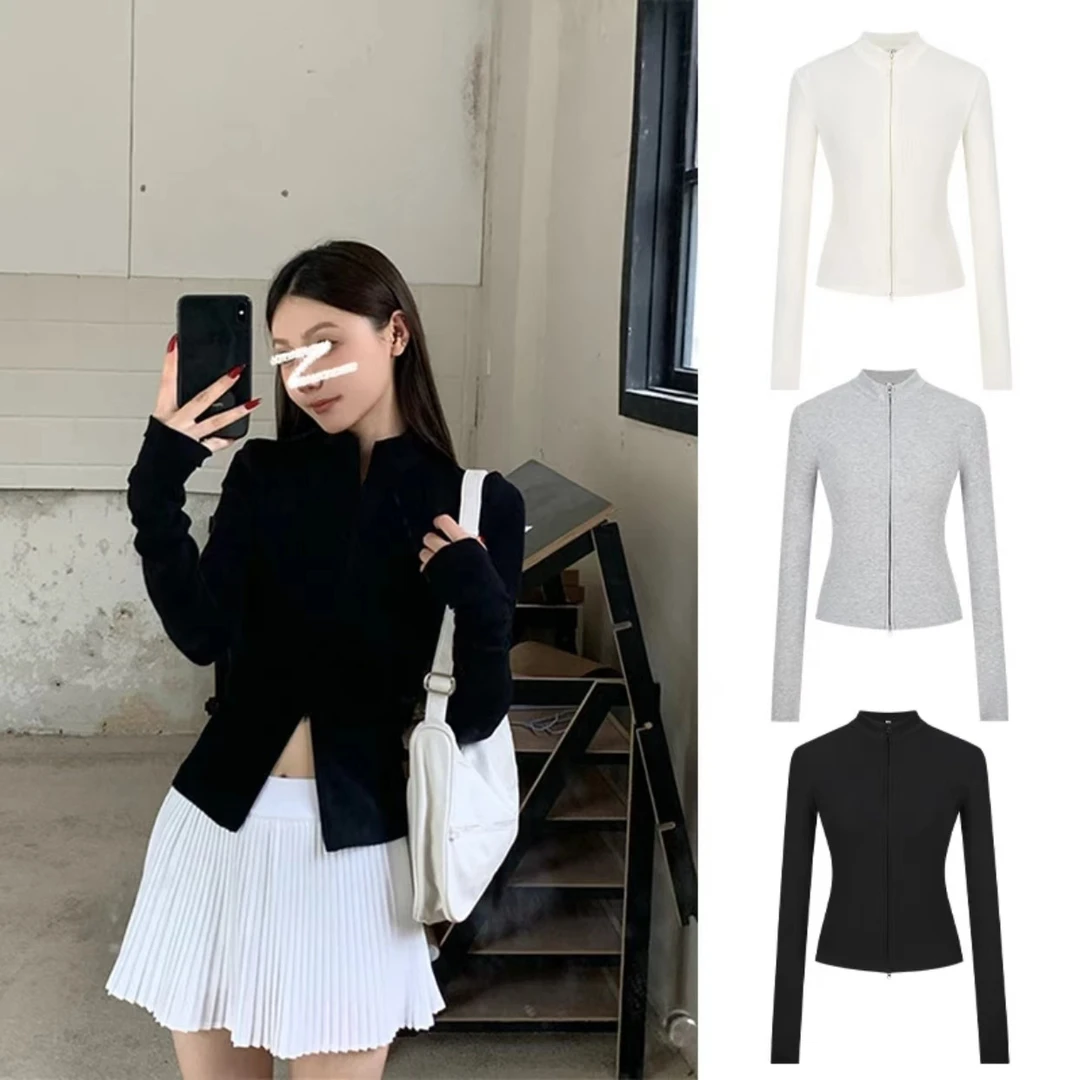 早秋新款美式双拉链外套螺纹上衣女立领修身显瘦开衫长袖薄款外套