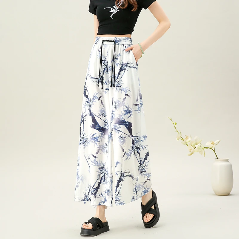 中国风印碎花九分阔腿裤女夏季薄款高腰宽松显瘦垂坠感不沾腿裙裤
