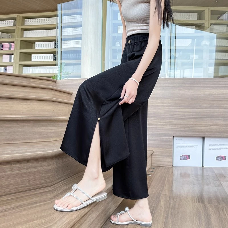 开叉八分阔腿裤女夏季薄款2024爆款高腰宽松显瘦国风垂感冰丝裙裤