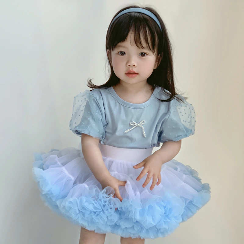 夏装女童短袖上衣爱莎T恤半袖泡泡袖珍珠短袖纯棉女宝甜美网纱T恤