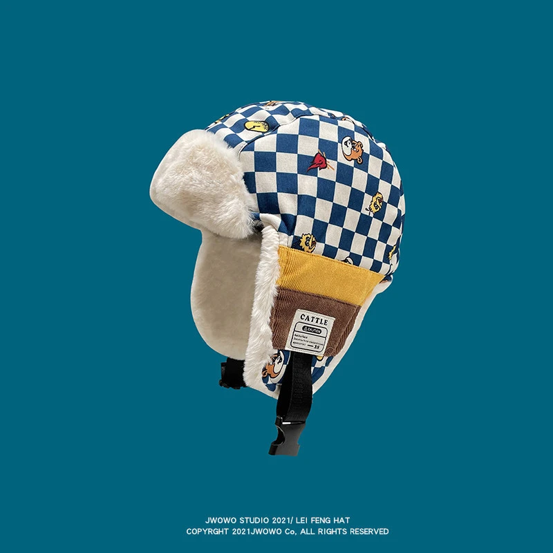 Supck棋盘格雷锋帽女潮牌冬季骑行加绒可爱护耳帽男韩版户外保暖