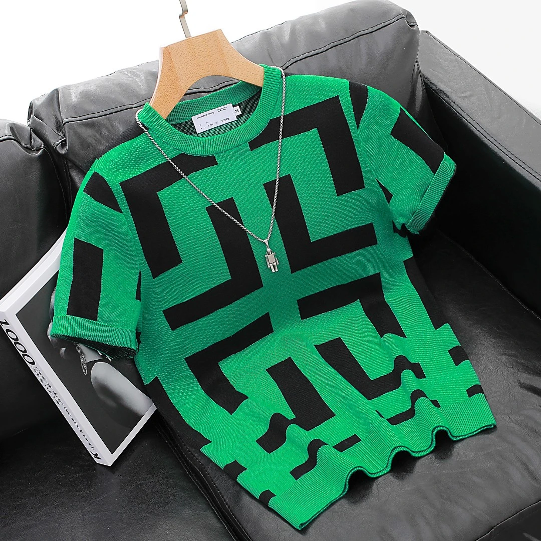 男士短袖毛衣秋冬2024新款几何提花拼色时尚潮流圆领套头打底衫针