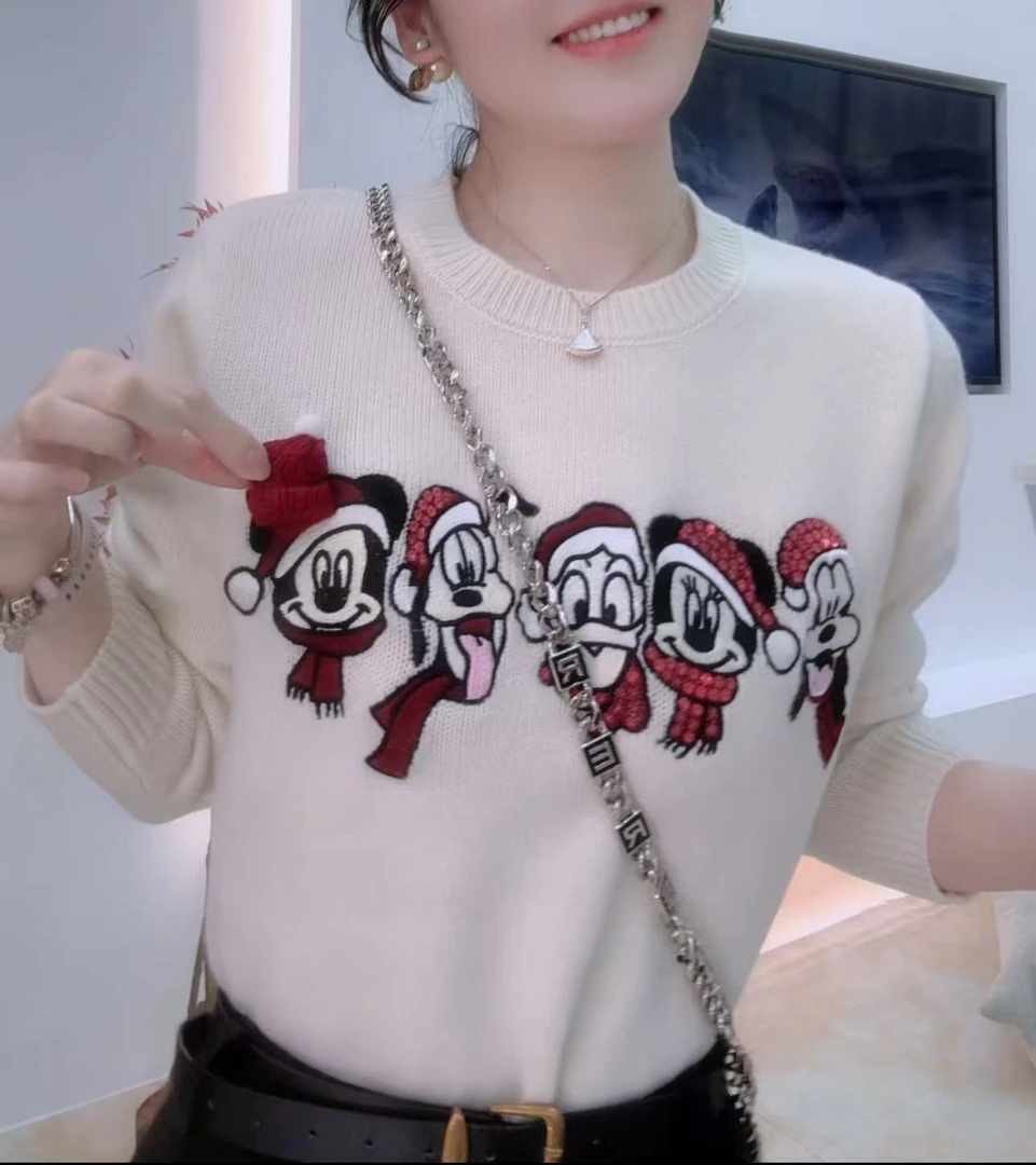 E'VAN【圣诞米奇】全羊毛大方立体刺绣图案针织毛衣-不能机洗