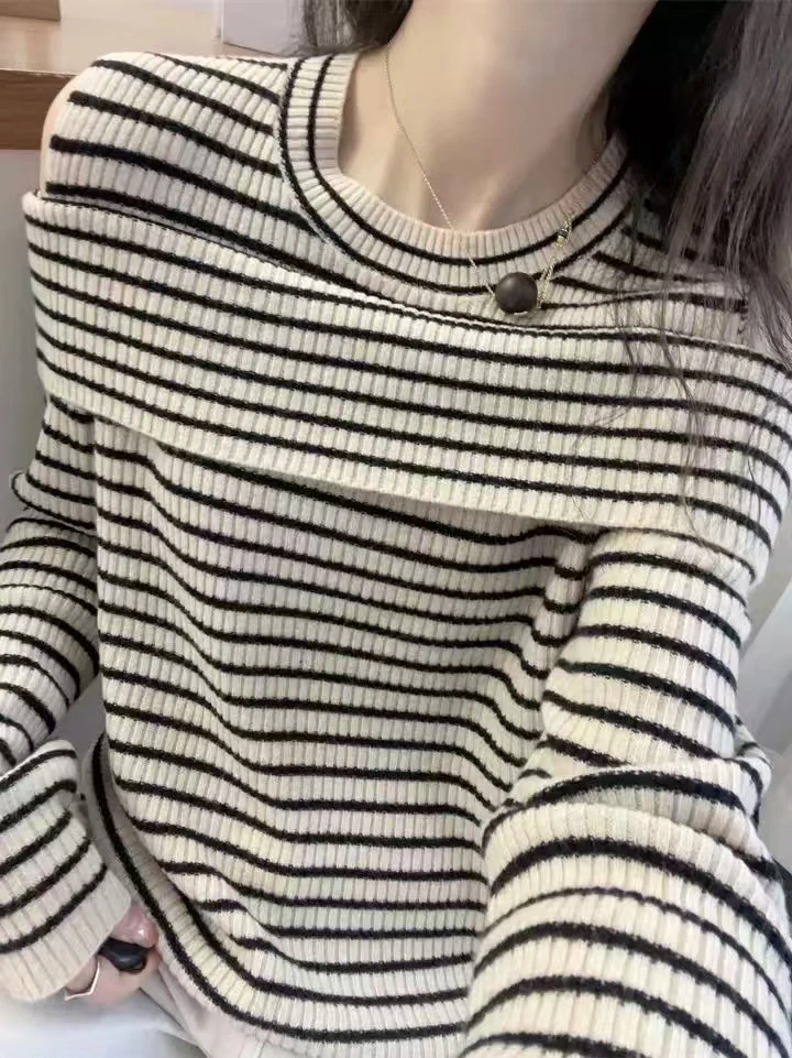 E'VAN【条纹控】全羊毛条纹露肩撞色针织衫-不能机洗