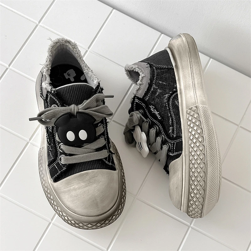 【丑萌大头】2024新款复古做旧擦色百搭小众帆布鞋运动厚底女鞋休闲