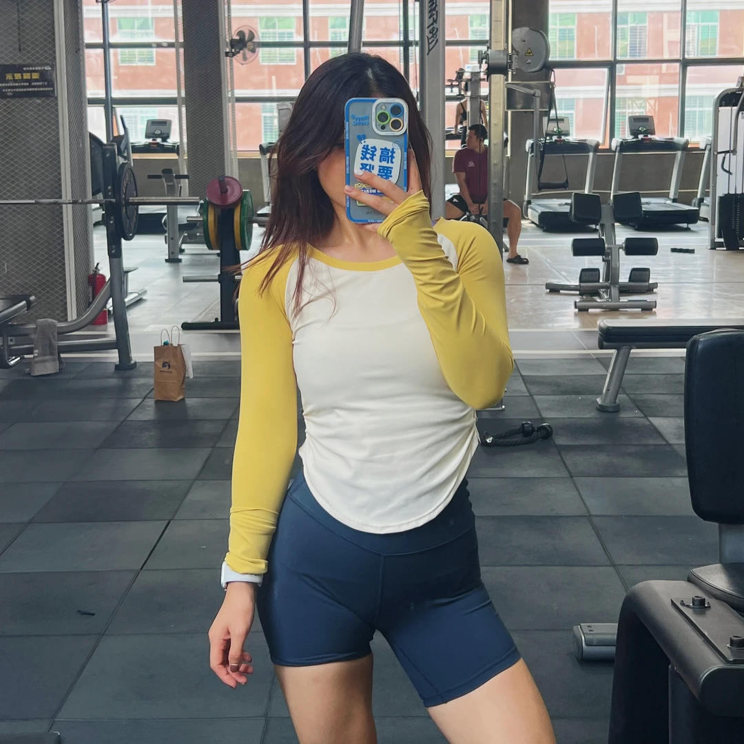 褶皱撞色显瘦健身裸感lulu瑜伽服女长袖 高弹紧身跑步T恤运动上衣