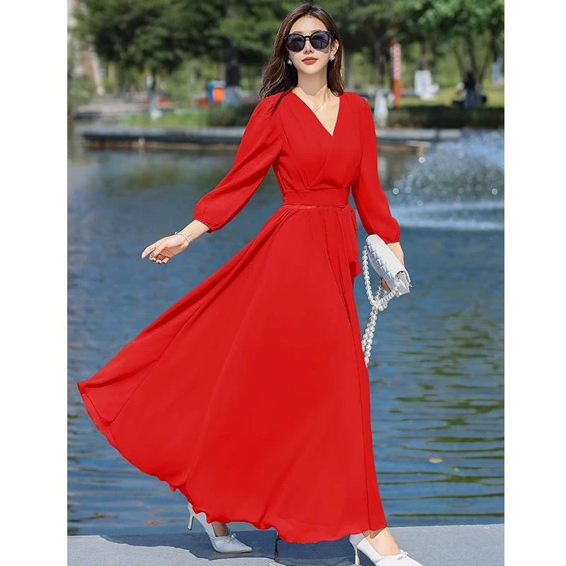 大红色雪纺沙滩裙子连衣裙女士夏季海边度假飘逸大摆超仙长裙