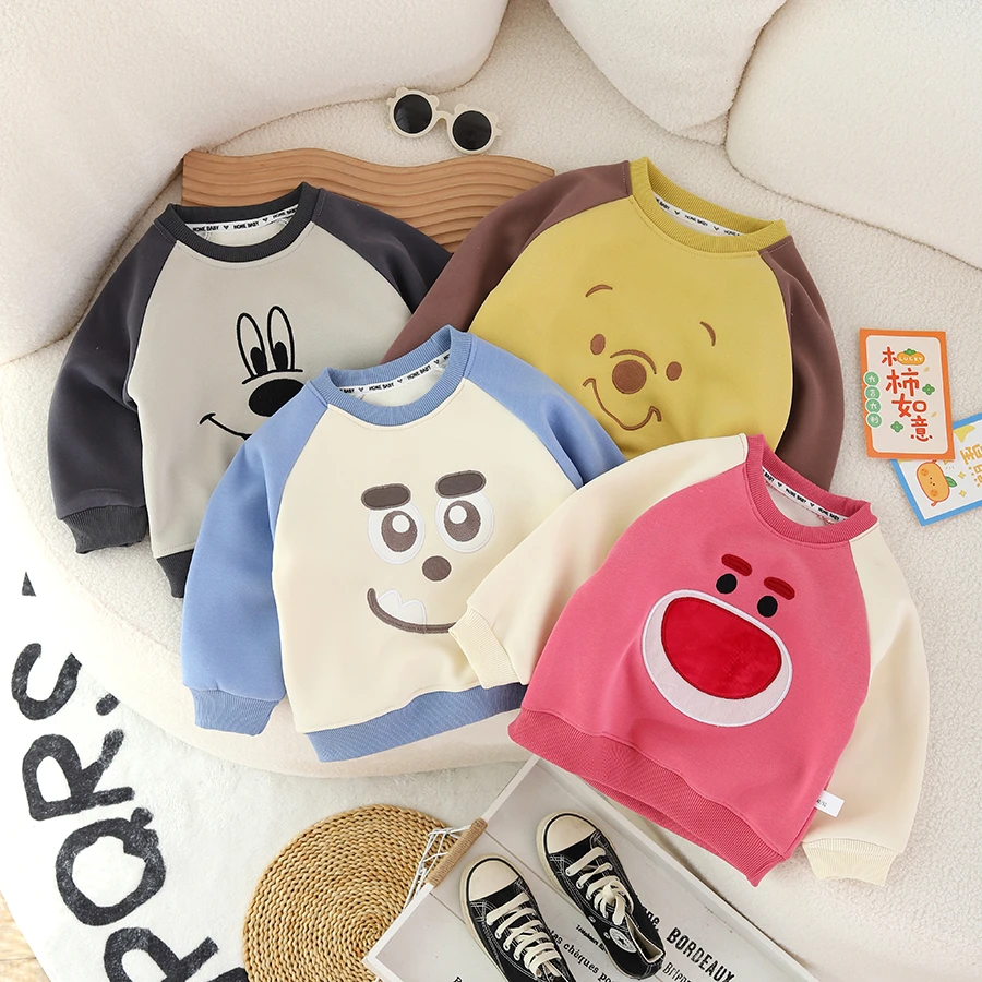 秋冬新款儿童加绒刺绣卫衣男女童洋气卡通长袖上衣加绒保暖卫衣