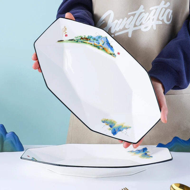 句途2只国潮风12英寸大鱼盘千里江山家用长盘子加厚防烫餐具