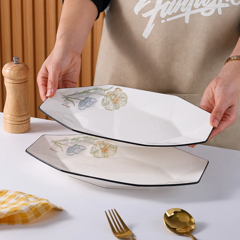 句途2个装12英寸爱莲说鱼盘饭盘菜盘大盘子深盘家用陶瓷餐具套装