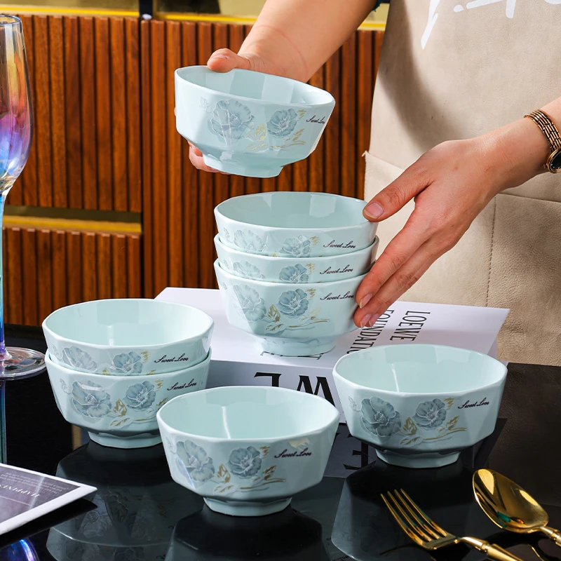 句途影青甜蜜蜜10只4.6英寸米饭碗加厚防烫牡丹花吃饭碗陶瓷碗
