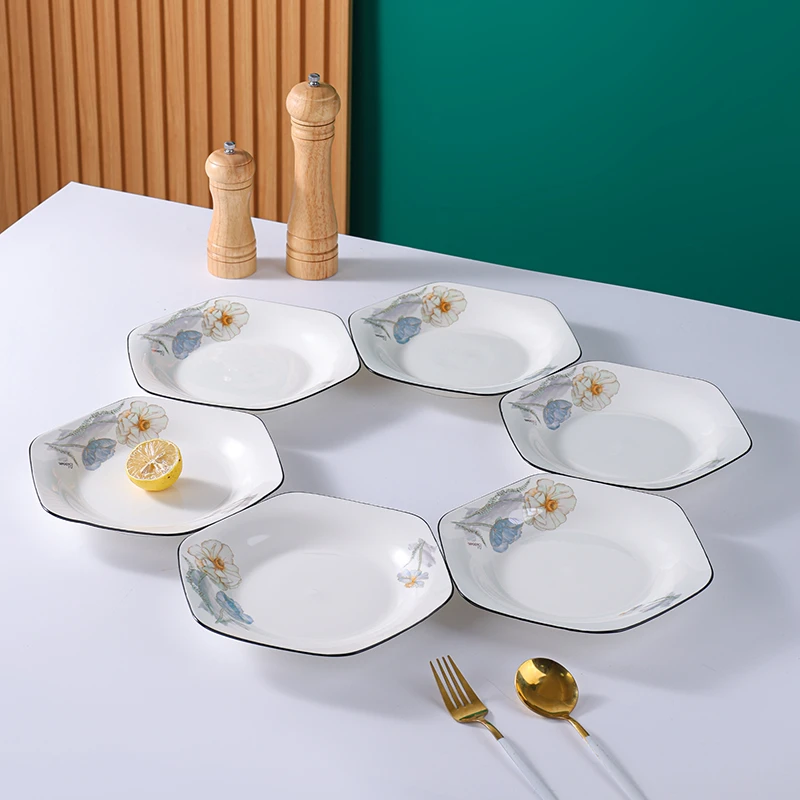 句途6只8英寸爱莲说六角盘大盘子家用菜盘聚会团圆拼盘餐具套装