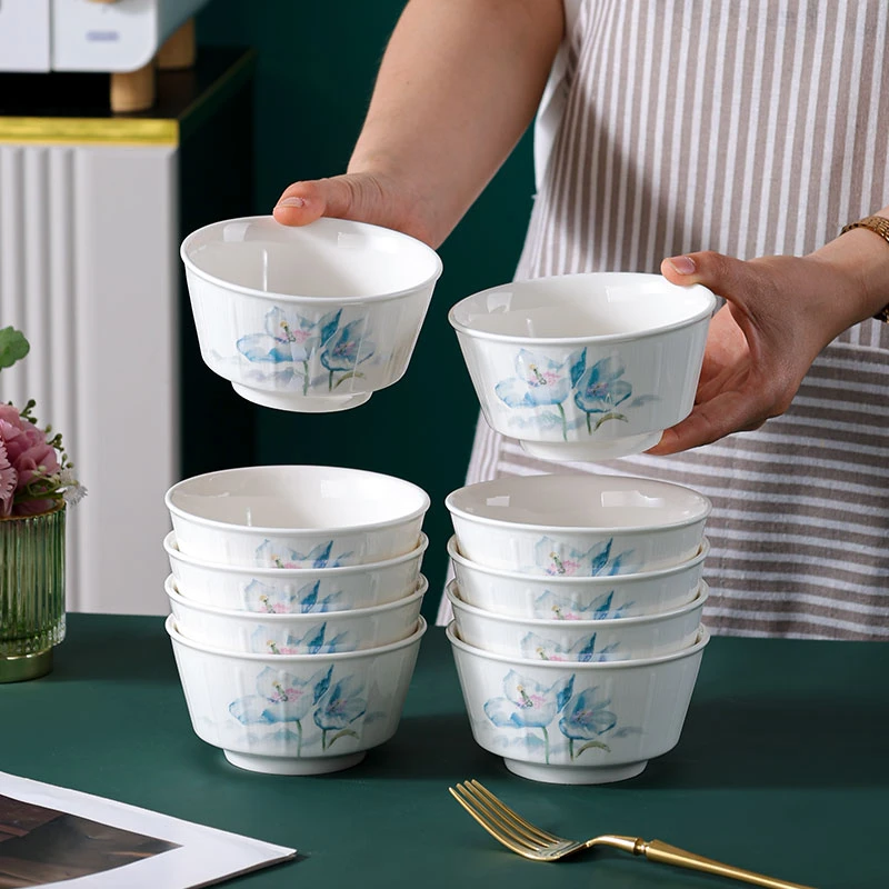 句途10只荷花4.5英寸米饭碗家用吃饭碗加厚防烫陶瓷餐具套装