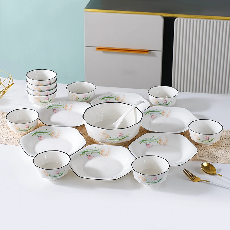 【无礼盒】春暖花开18件家用碗盘套装米饭碗菜盘子加厚防烫陶瓷餐具