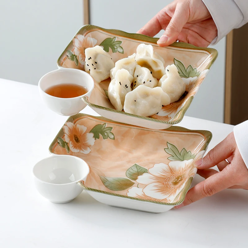 【外贸品质】句途2个8英寸山茶花饺子盘家用方形陶瓷带醋碟盘子