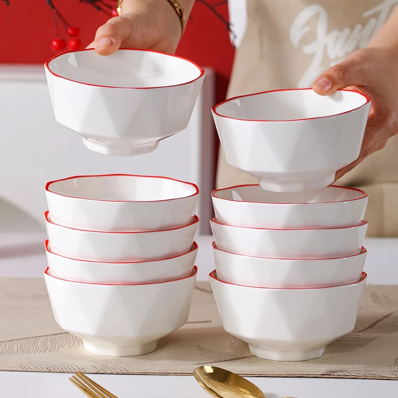 句途10个4.5英寸红边钻石碗家用吃面碗加厚防烫陶瓷碗饭碗