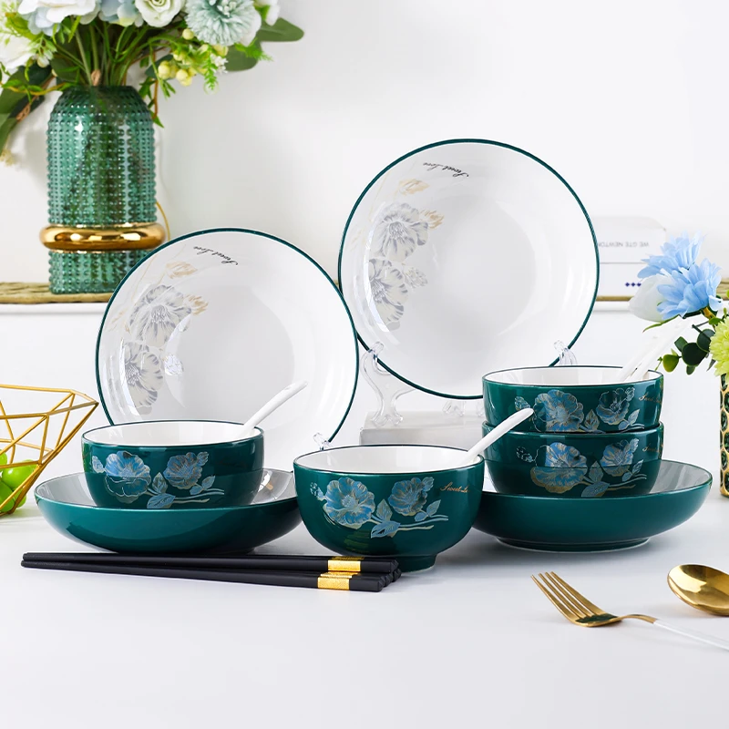 句途 16件祖母绿餐具套装幸福生活家用米饭碗面碗菜盘子轻奢碗盘