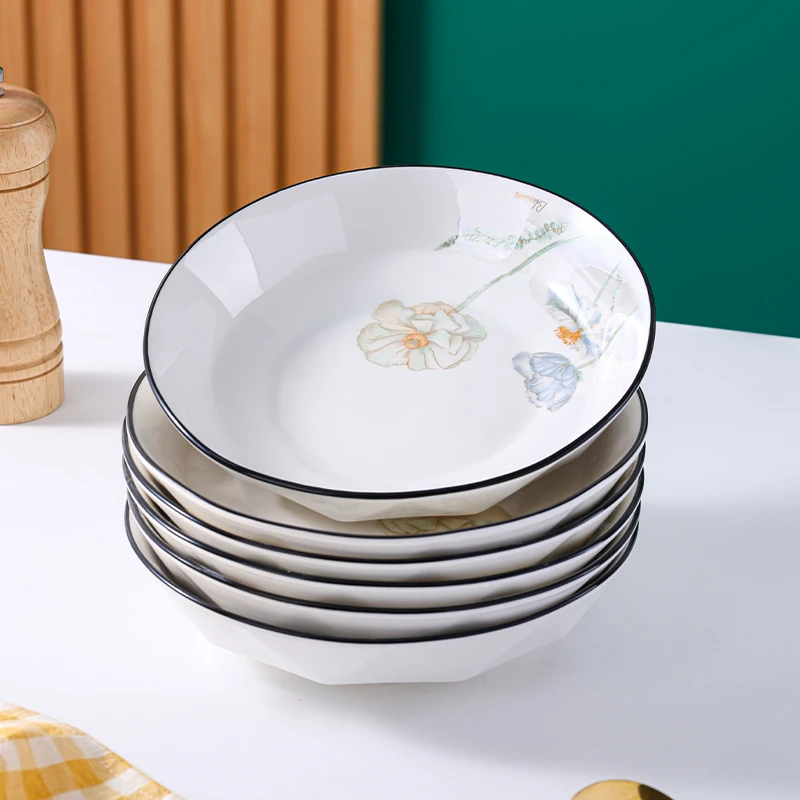 句途6只爱莲说大盘子8英寸家用菜盘饭盘圆盘陶瓷深盘餐具套装