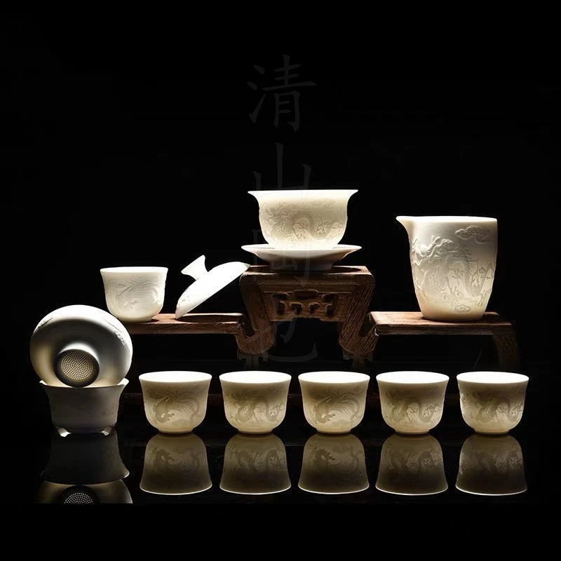 龙纹素烧（不带礼盒自用款）浮雕茶具茶杯陶瓷家用三才盖碗