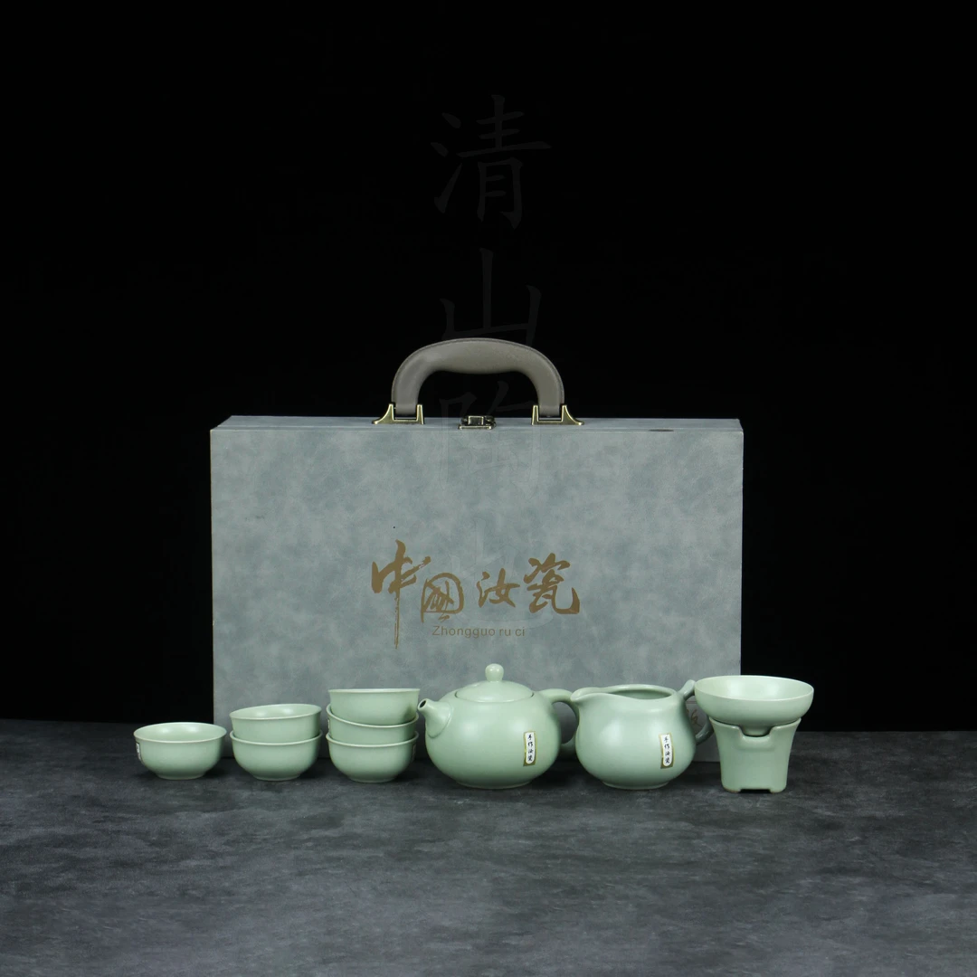手作汝瓷天青色西施壶款茶具套装一整套带礼盒送礼带孙老师证书