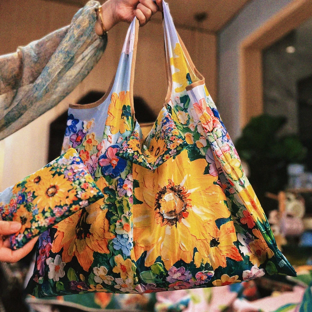 黄色向日葵向阳花折叠环保旅行便携超市大容量单肩购物袋女买菜包