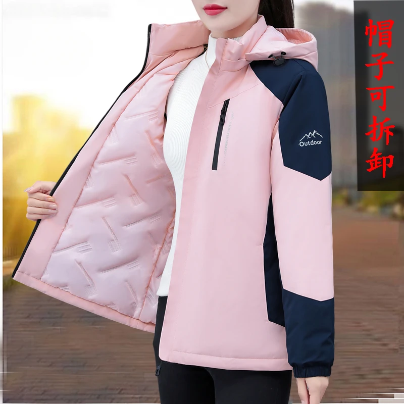 韩版时尚运动加棉保暖冲锋衣2024年秋冬季新款女士御寒加厚棉服
