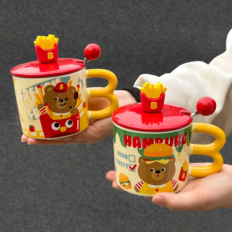 法式薯条大容量杯子可爱男女生陶瓷马克杯带盖勺办公室咖啡牛奶杯