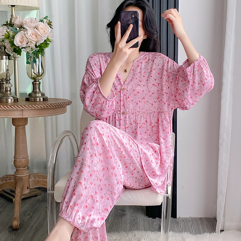 【定制颜色】棉绸睡衣女春秋绵绸家居服夏季薄款灯笼袖人造棉套装