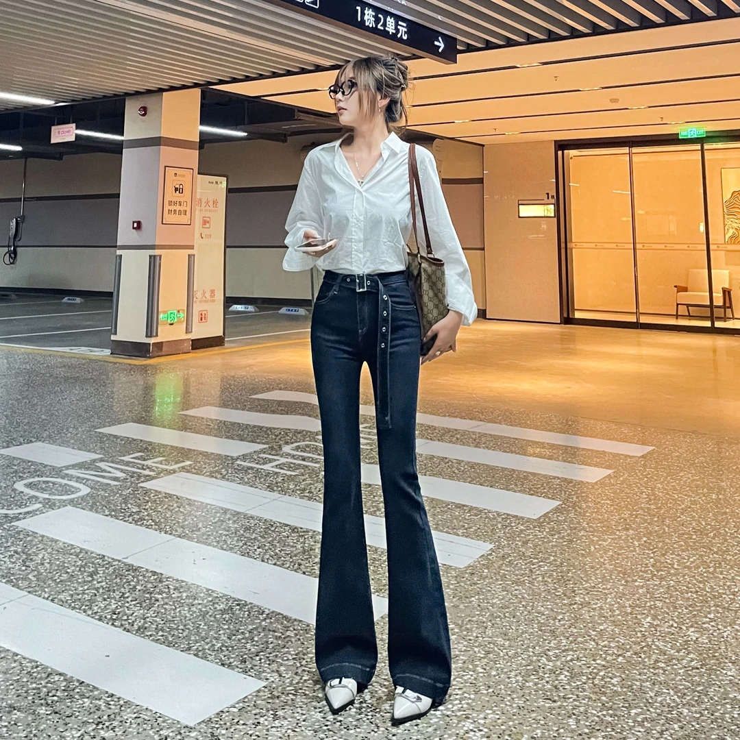 美式复古蓝灰色高腰微喇牛仔裤女韩版时尚修身直筒弹力烟管喇叭裤