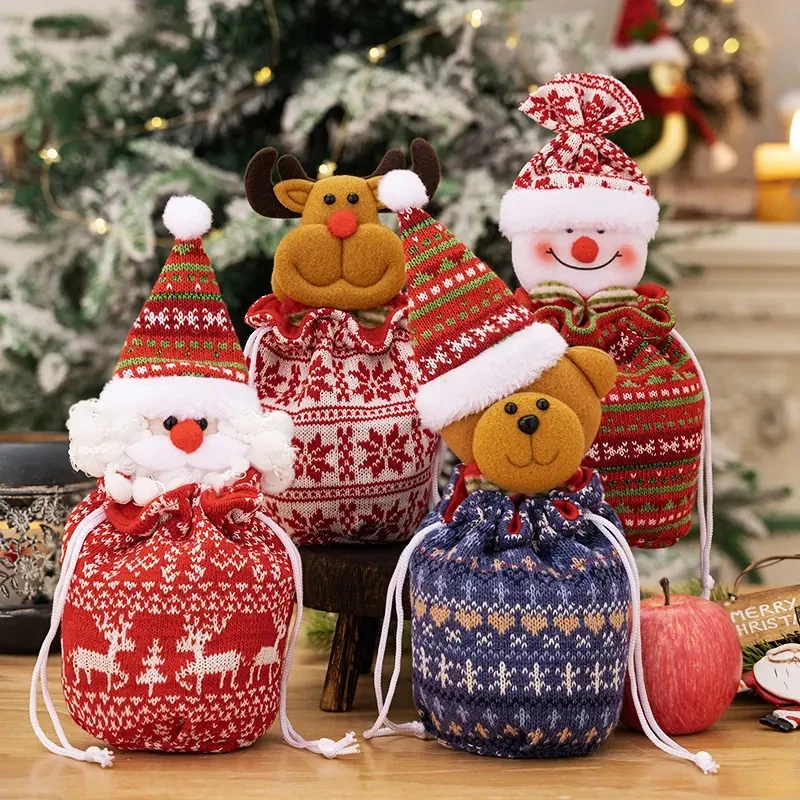 圣诞装饰品针织苹果袋老人麋鹿毛线糖果袋礼品袋平安夜礼物袋盒G