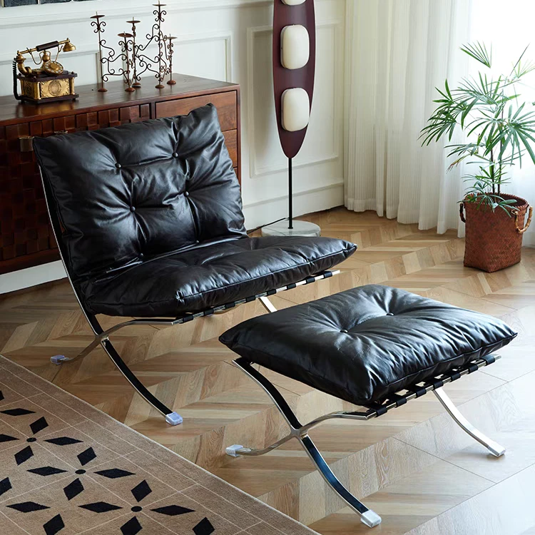 巴塞罗那椅油蜡皮办公休闲皮艺椅带脚踏单人家用简约高级感客厅