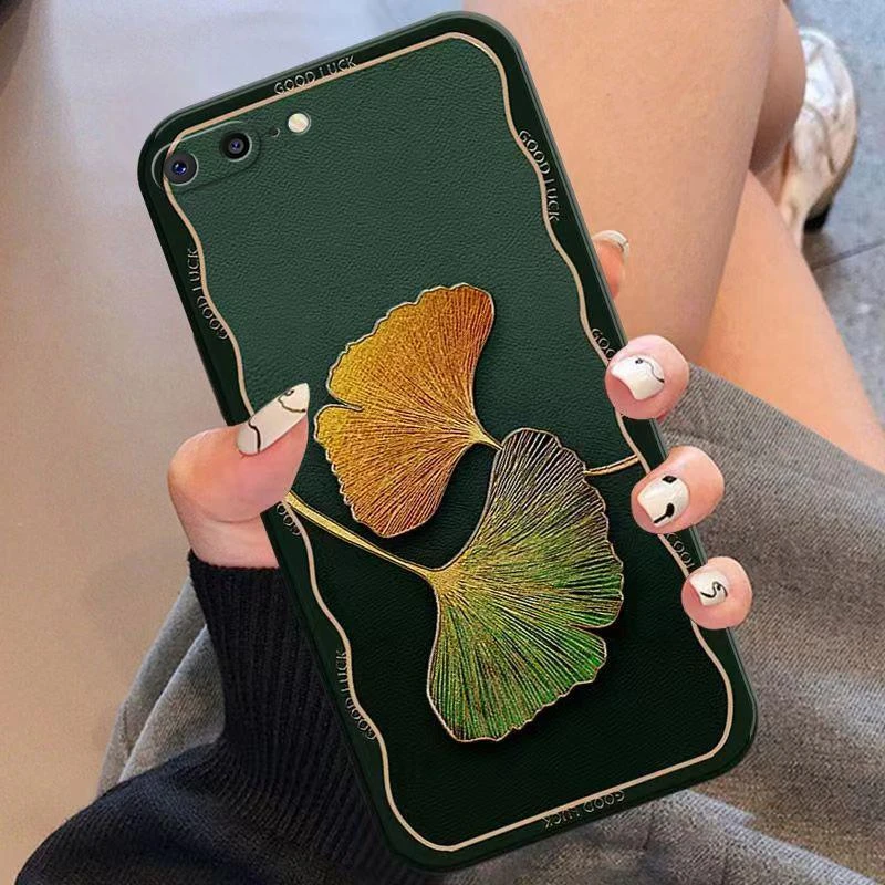 适用苹果8plus手机壳iphone8PLUS硅胶暗绿杏花新女款防摔时尚个性