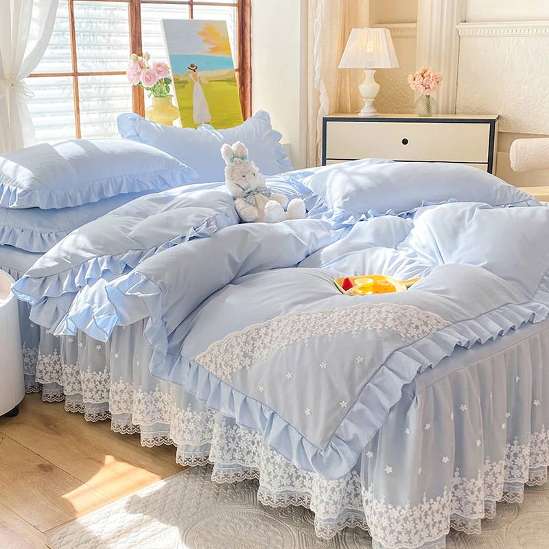 纯色蕾丝床裙四件套洛卡棉韩式公主风少女心水洗棉被套素色学生床